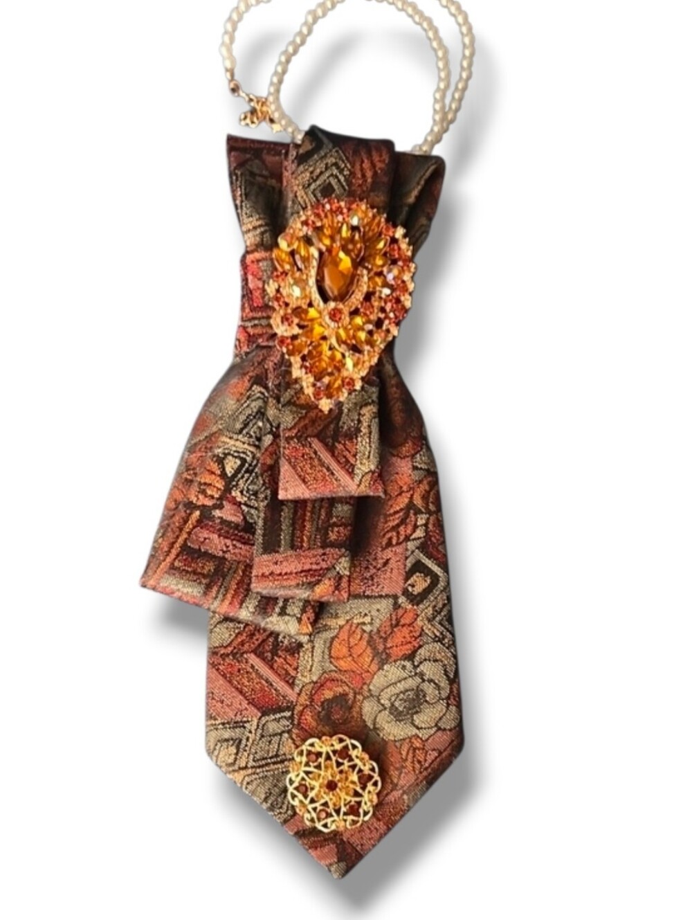 3/$60 Brown Purple Paisley Cravat with Amber Jeweled Brooch Accent